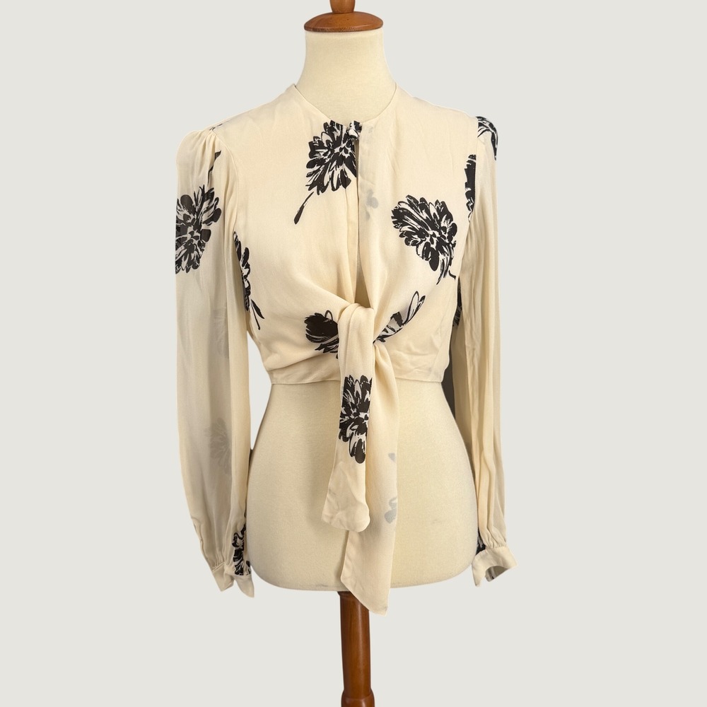 Reformation Floral Tie Front Crop Top Size 2 Cream Black Long Sleeve Viscose